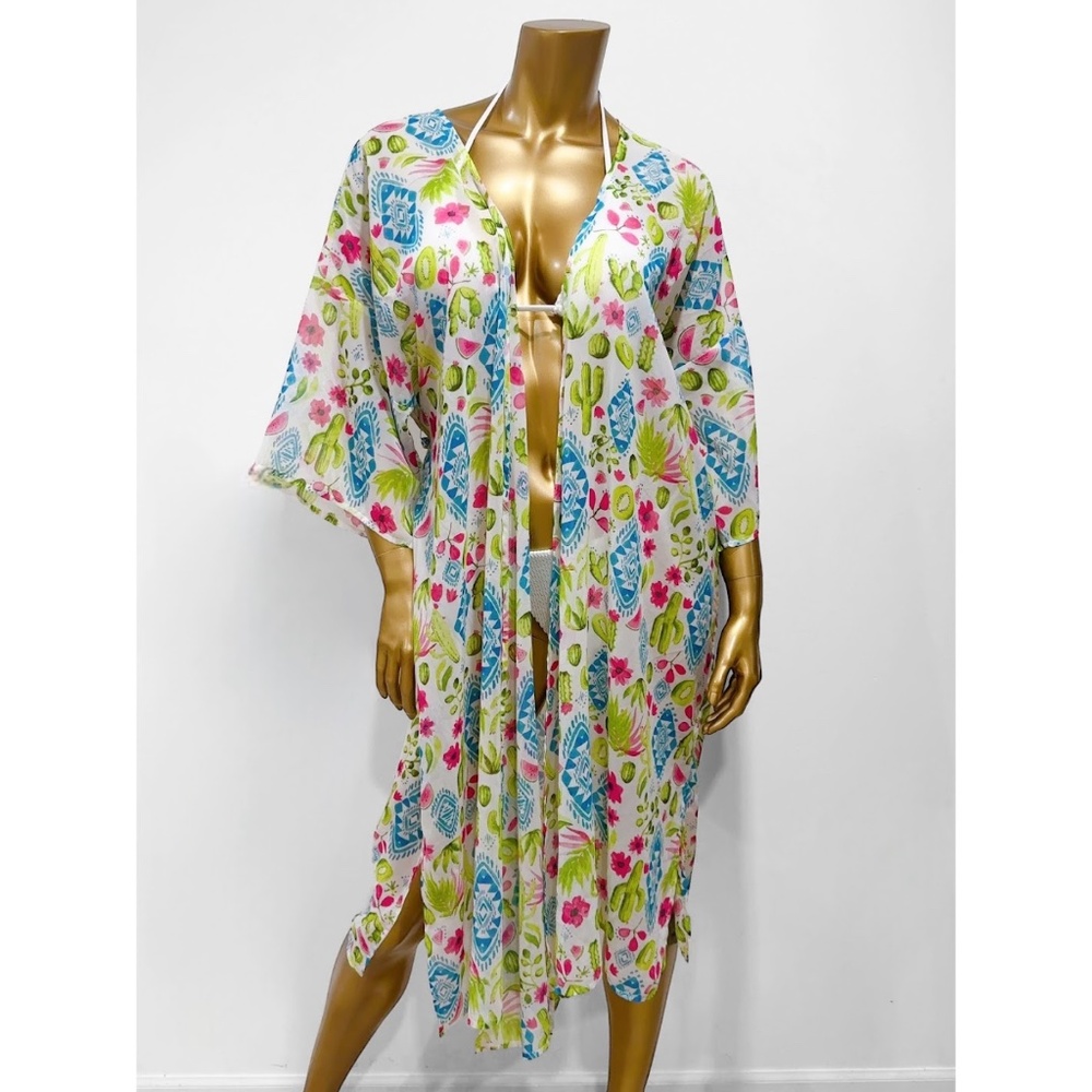 Free Press Womens Cactus Fruits Summer Sheer Swim Cover Long Kimono Top Size S/M
